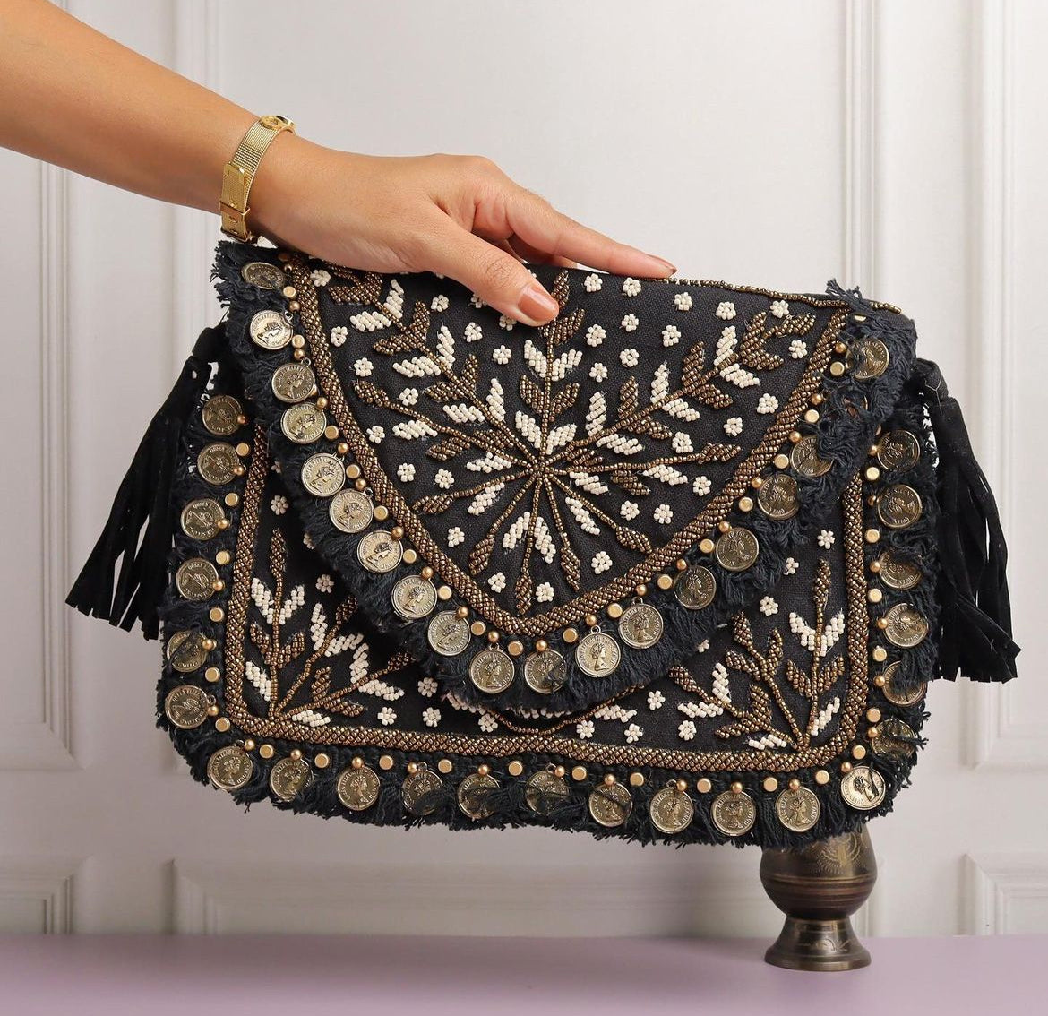Black Majesty Hand Embroidered Ethnic Sling Bag for Women