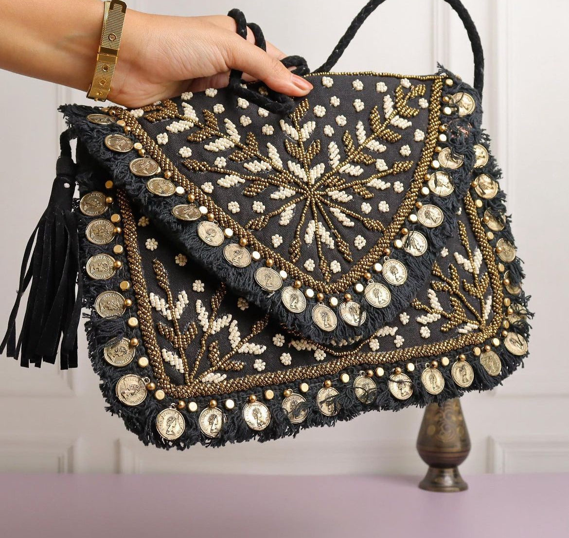 Black Majesty Hand Embroidered Ethnic Sling Bag for Women