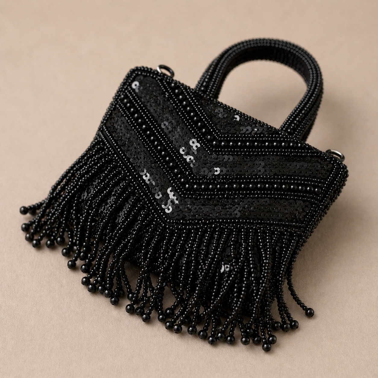 Black Sequin Fringe Mini Party Handbag