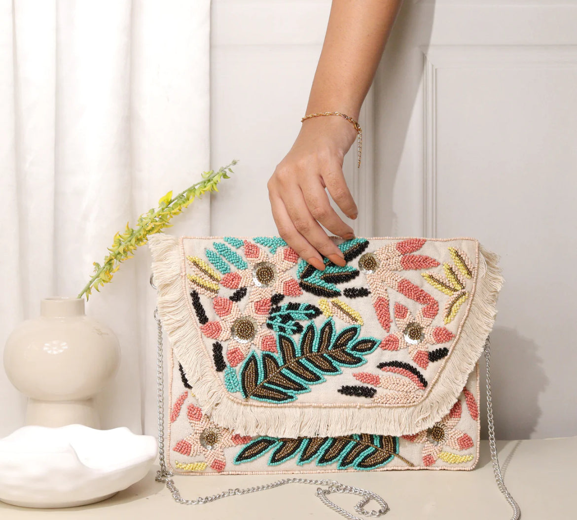 White Lily Boho Hand Embroidered Ethnic Sling Bag for Women